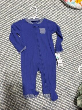 Carter's Blue Ribbed Footed One-Piece with Striped Trim